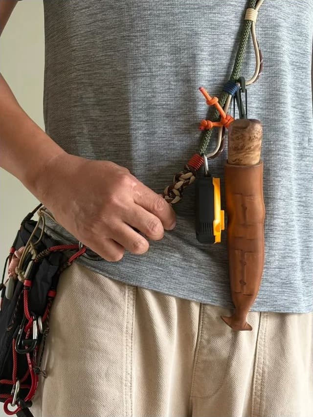 腰间悬挂的手作皮质刀鞘